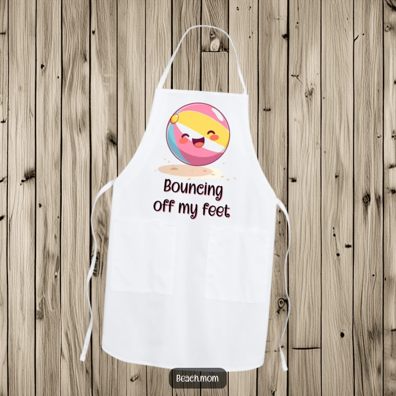 Funny beach ball apron showcasing a happy beach ball mid-bounce, perfect for adding cheer to kitchen tasks and cooking.