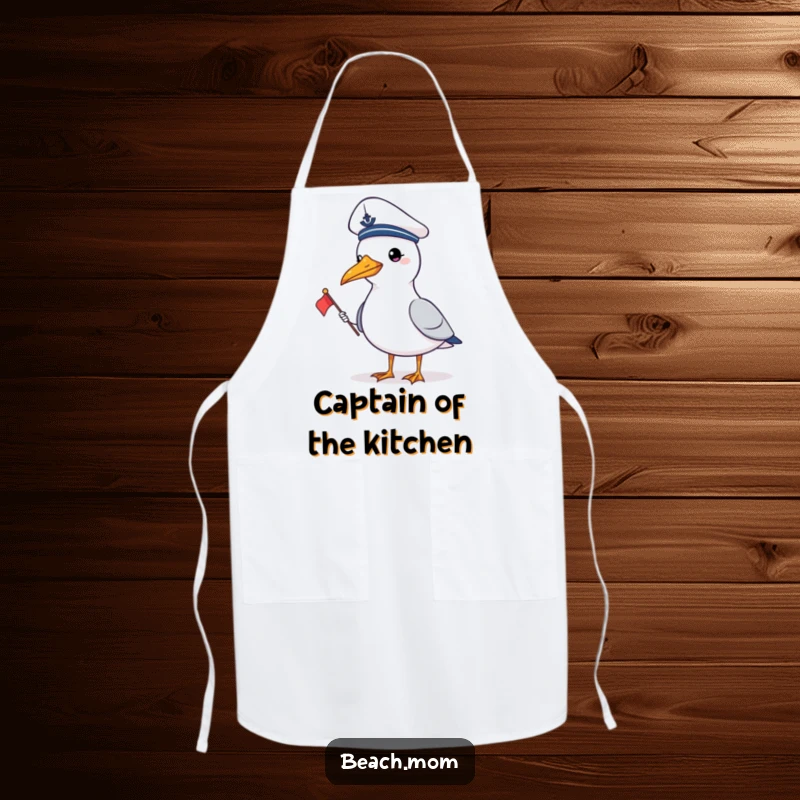 Funny gull in a sailor hat with a flag, making this a humorous and practical apron for the kitchen.
