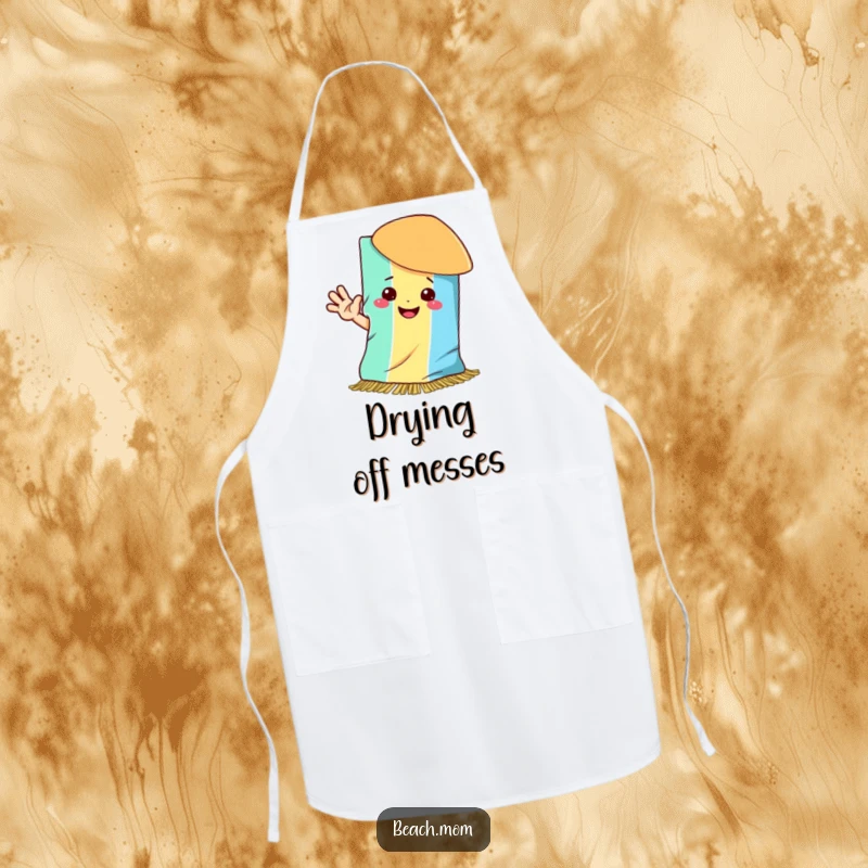 Funny apron with a happy beach towel smiling and waving hello, perfect for cheerful cooking.