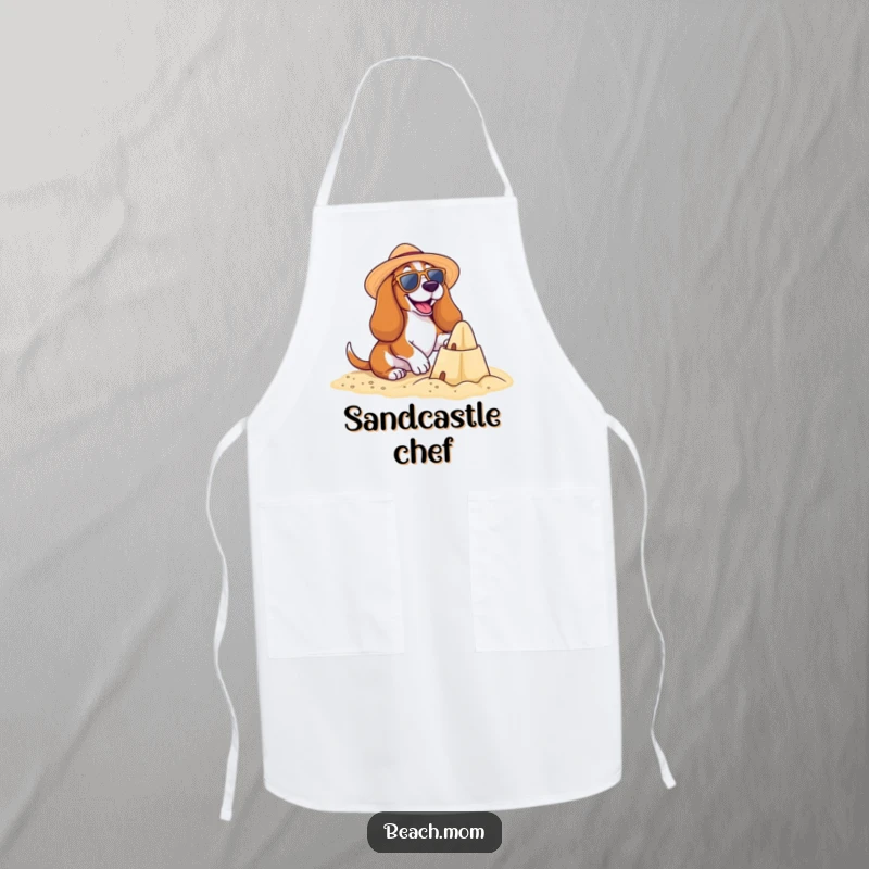 Funny Basset Hound Beach Apron: A happy Basset hound builds a sandcastle, perfect for outdoor fun, a funny gift.