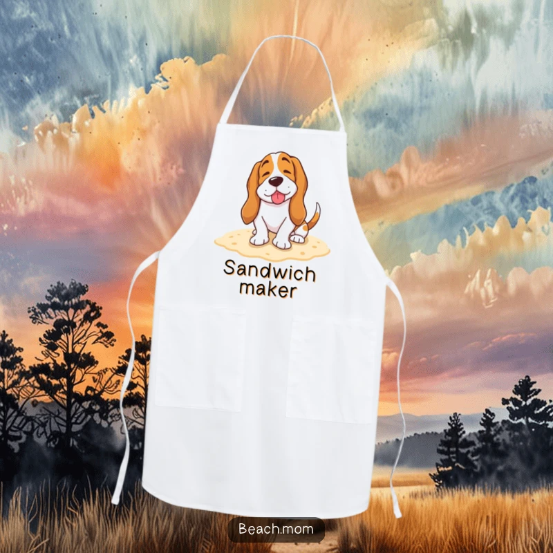 Funny Basset Hound apron showing a happy dog burying its tail in the sand with a contented sigh, perfect for a relaxed cook.