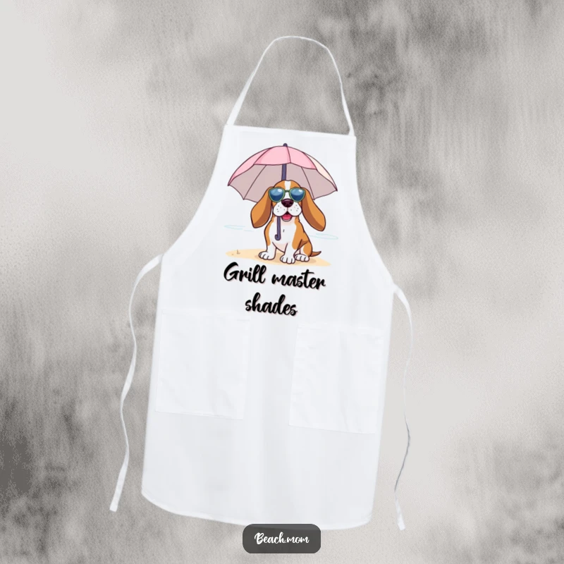 Funny Basset Hound apron showing a dog under a tiny umbrella, enjoying the beach breeze while keeping protected.