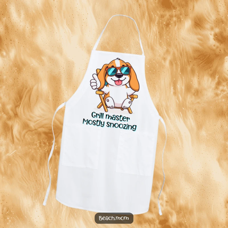 Funny Basset Hound apron showing a dog in sunglasses giving a thumbs up from a beach chair, perfect for a cool chef.