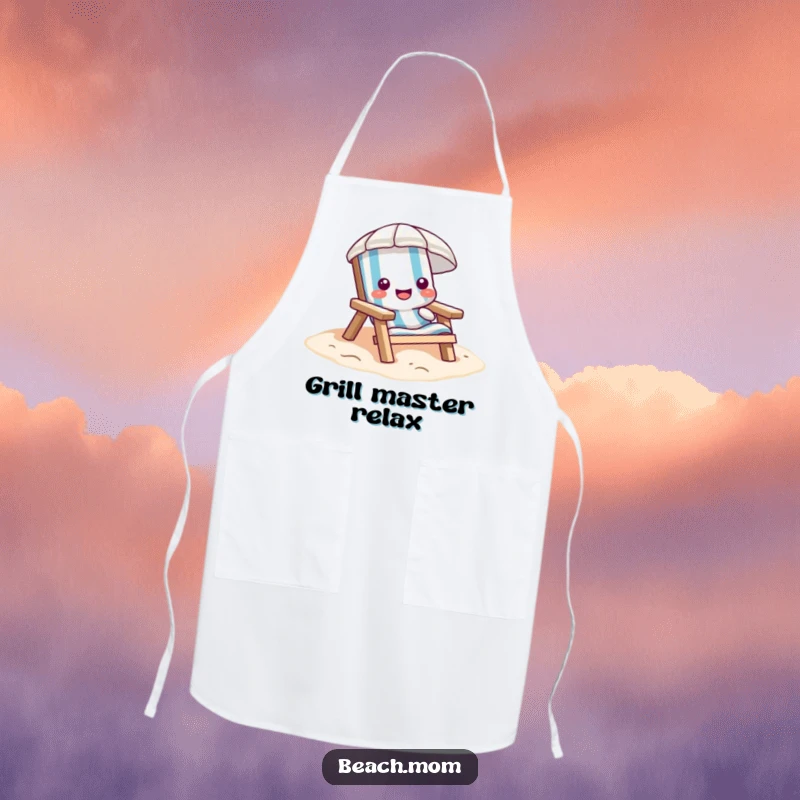Funny beach chair apron, cartoon character sinking into soft sand, kitchen protection with a relaxed vibe.