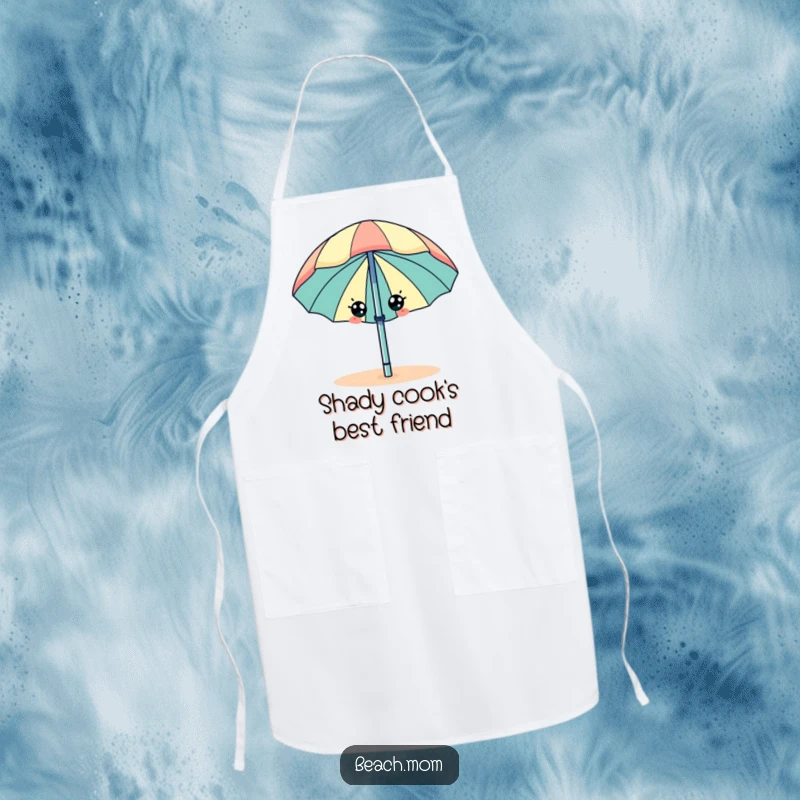 Funny beach umbrella with eyes, wiggling happily, on a practical kitchen apron.