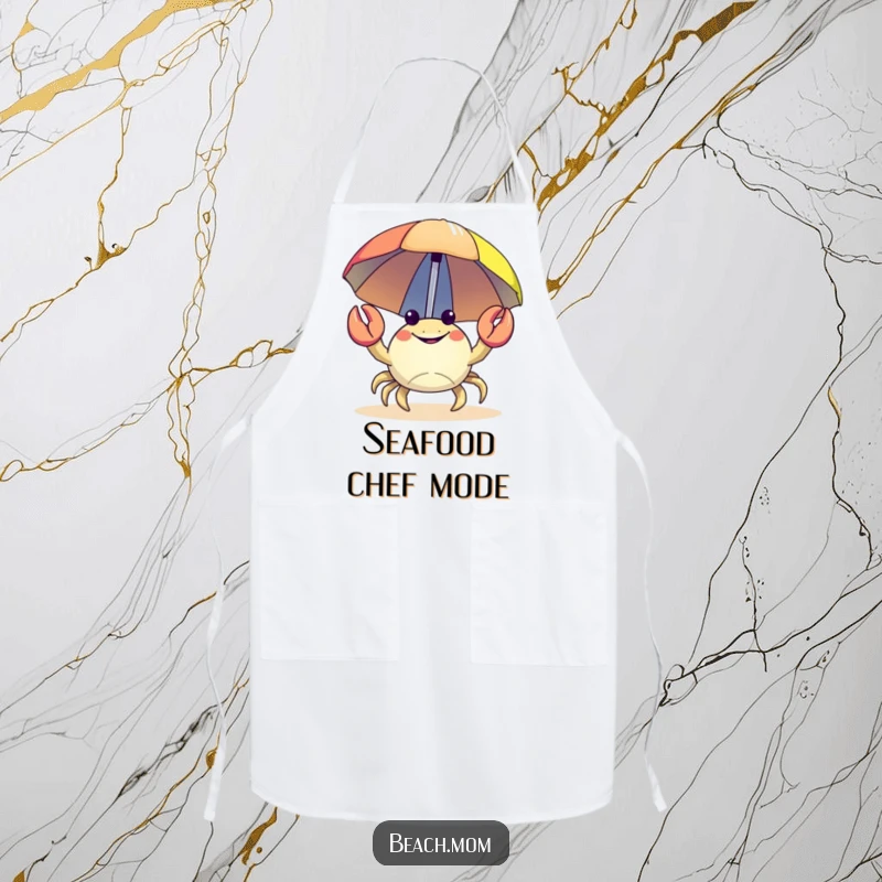 Funny Crab Apron: A happy crab carrying a colorful beach umbrella while cooking.