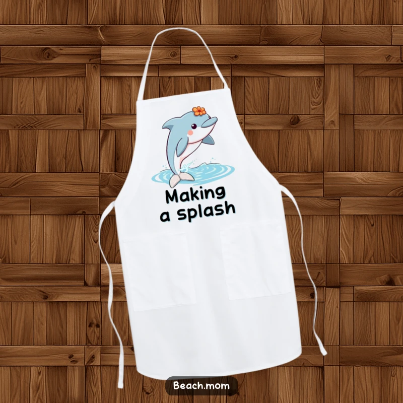 Funny dolphin with a lei jumping out of water, making this a humorous and practical apron for the kitchen.