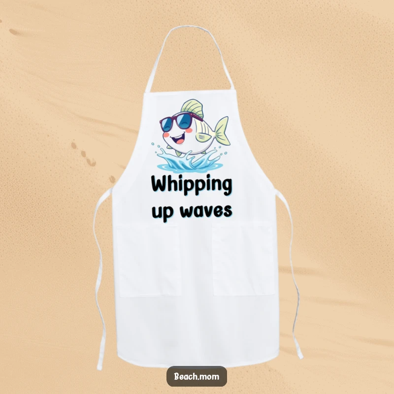 Funny fish apron, showing a smiling fish wearing sunglasses and splashing in a wave, a humorous accessory for outdoor cooking.