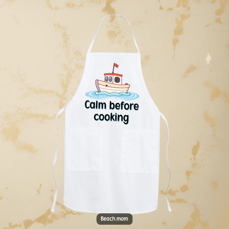 Funny little boat apron featuring a cheerful boat bobbing on sparkling waves, perfect for adding nautical fun to cooking.