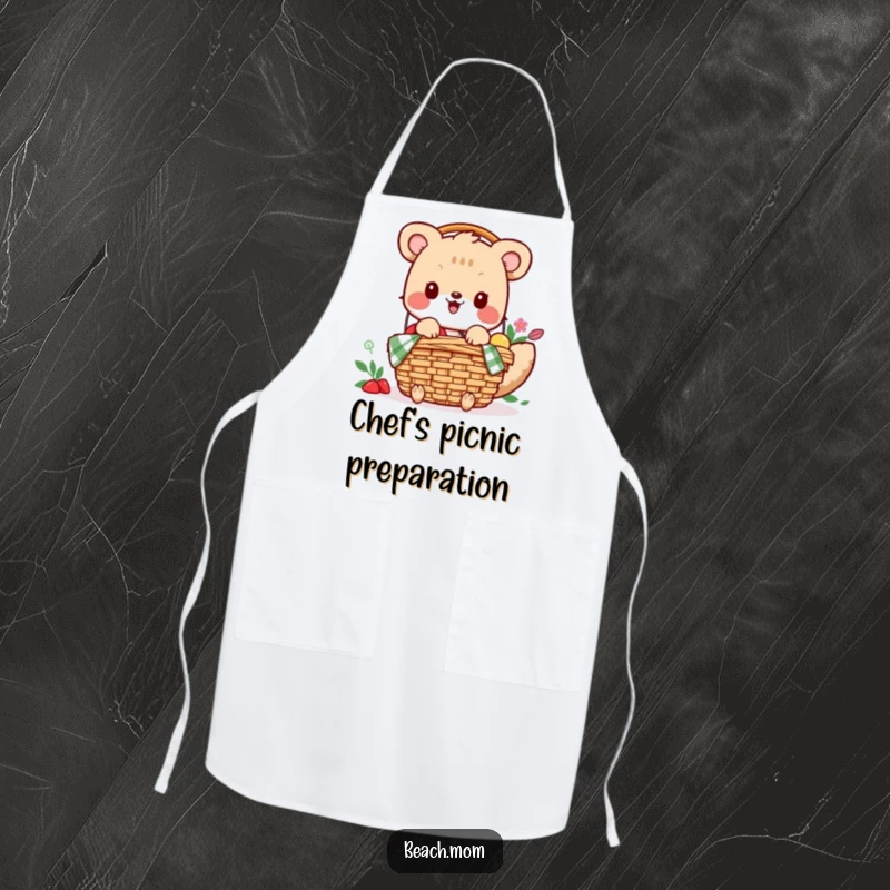 Funny apron: An excited animal character is shown happily packing a picnic basket, perfect for any food-related activity.