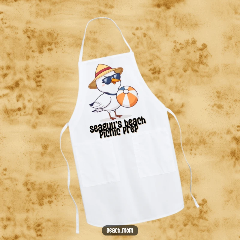 Funny seagull wearing a sun hat and sunglasses, holding a beach ball, on a functional kitchen apron.