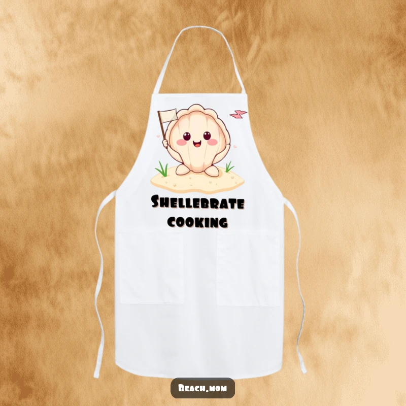 Funny smiling seashell holding a tiny flag planted in the sand, printed on a kitchen apron, perfect for a humorous beach-themed cooking experience.