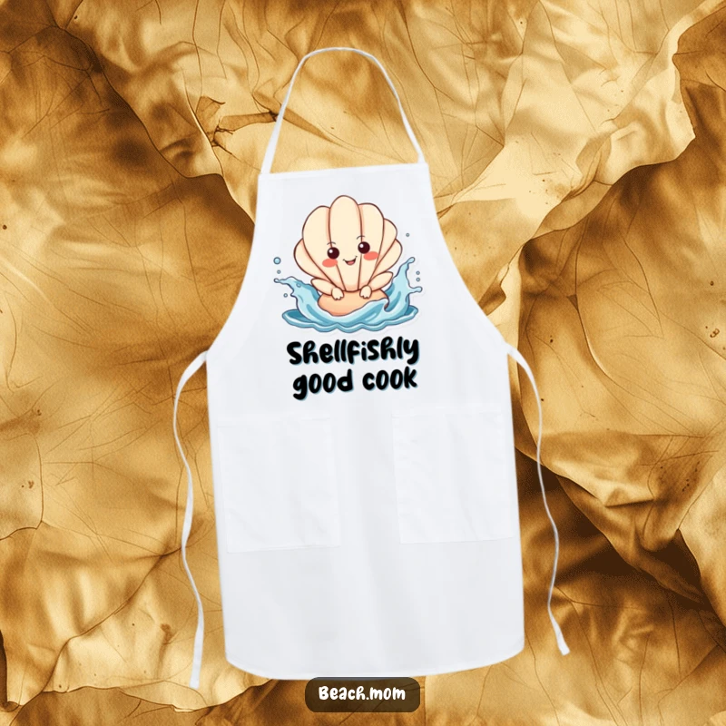 Funny Seashell Apron: a smiling seashell character ready to cook, splashing playfully in a chef's hat near waves.