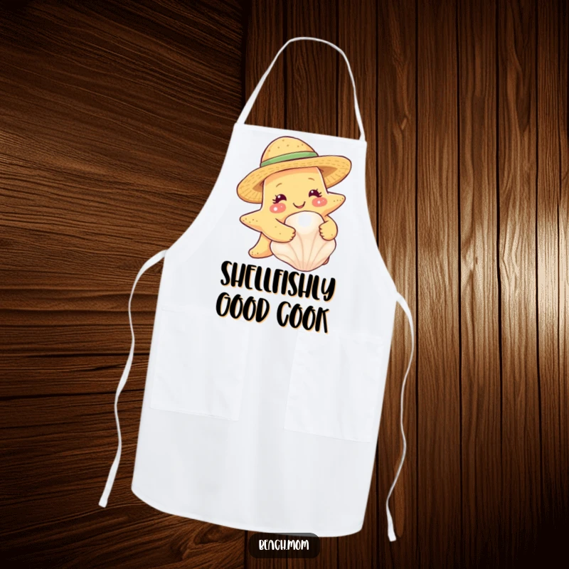 Funny starfish wearing a straw hat, hugging a seashell, on a practical kitchen apron.