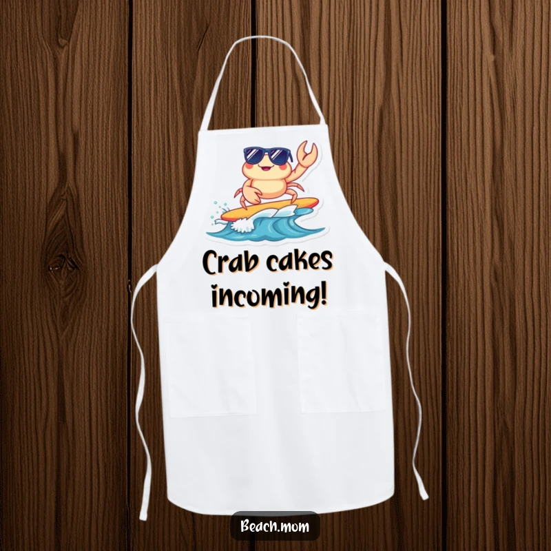 Funny surfing crab apron with a cool crab in sunglasses, perfect for kitchen use or beach parties, a humorous and practical item.