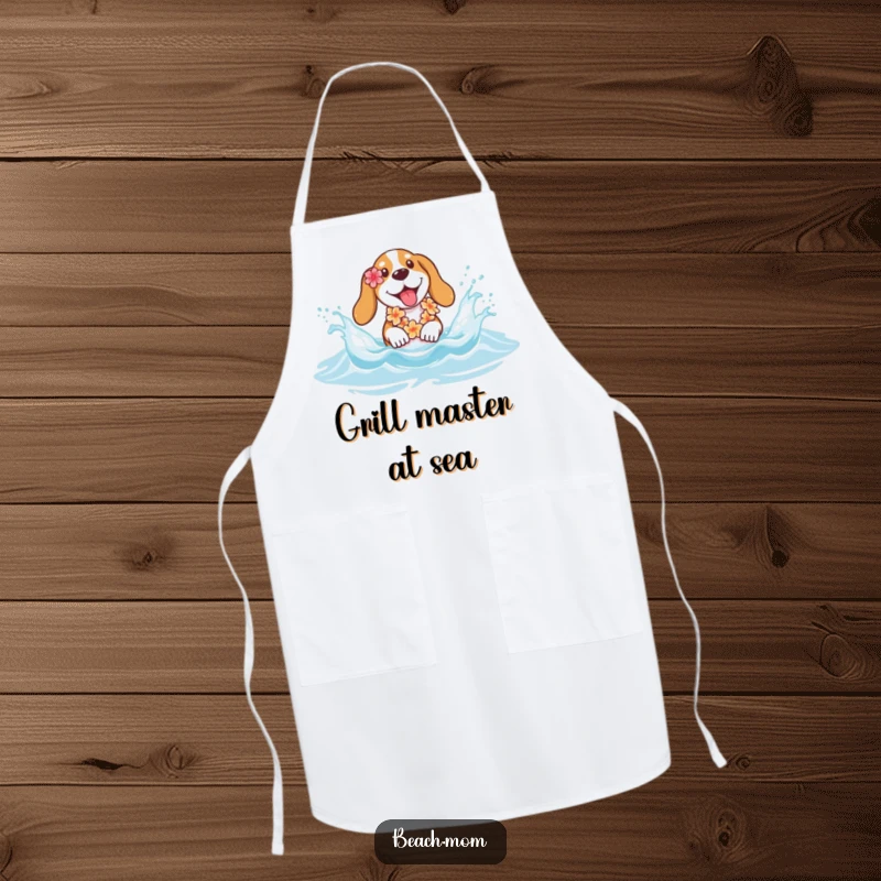 Funny Basset hound apron showing a dog with a lei joyfully splashing in beach waves, ideal for a fun chef.