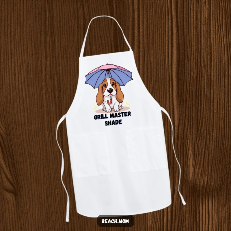 Funny Basset Hound apron showing a dog using a small umbrella for sun protection, bringing humorous charm to the kitchen.