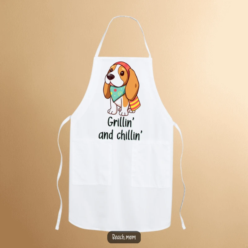 Funny Basset Hound apron showing a dog ready for the beach, bringing humor to the kitchen.