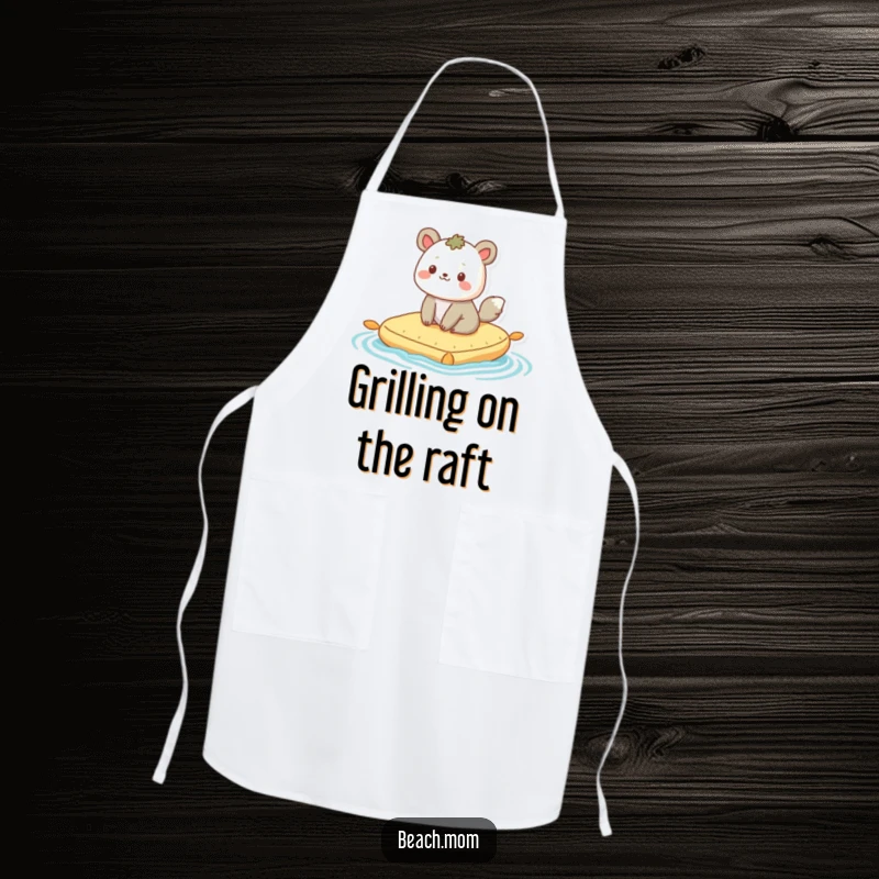 Funny apron: A happy animal character is shown bobbing peacefully on a raft, perfect for a relaxed cooking session.
