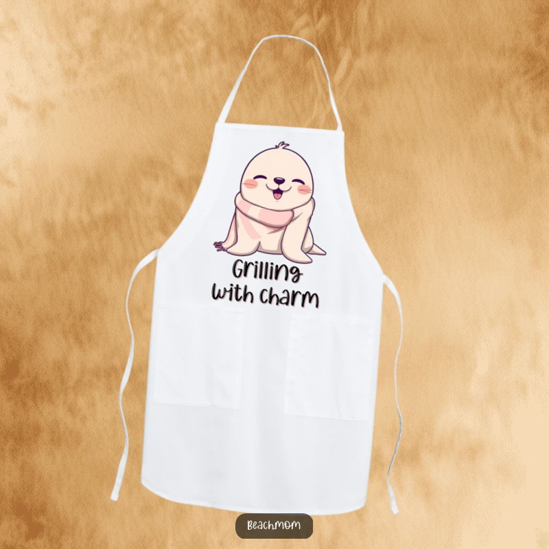 Funny seal winking with a beach towel, making this a humorous and practical apron for the kitchen.