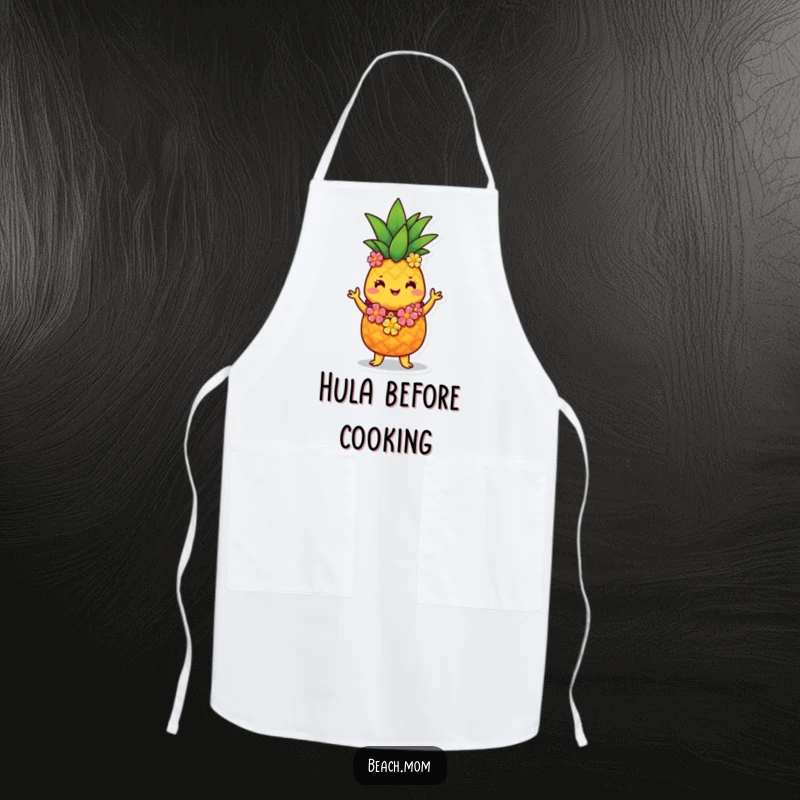 Funny pineapple hula apron featuring a cute pineapple character in a lei, ready to add tropical fun to kitchen tasks.