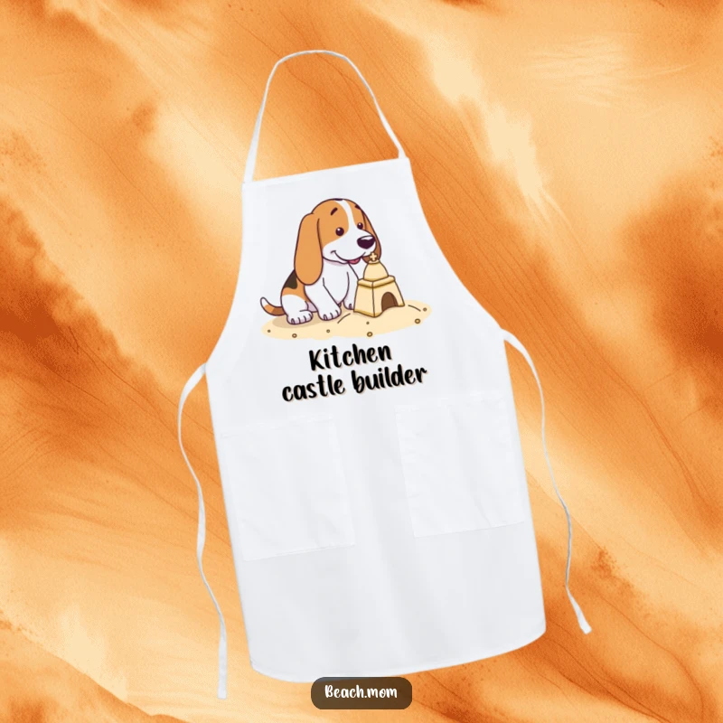 Funny Basset Hound apron showing a dog with determined focus, building a tiny sandcastle, perfect for any project.