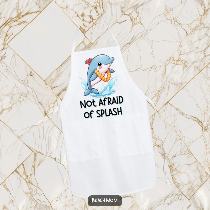 Funny Dolphin Apron: A lei-wearing dolphin leaps from a blue splash, adding a humorous and playful touch to kitchen attire.