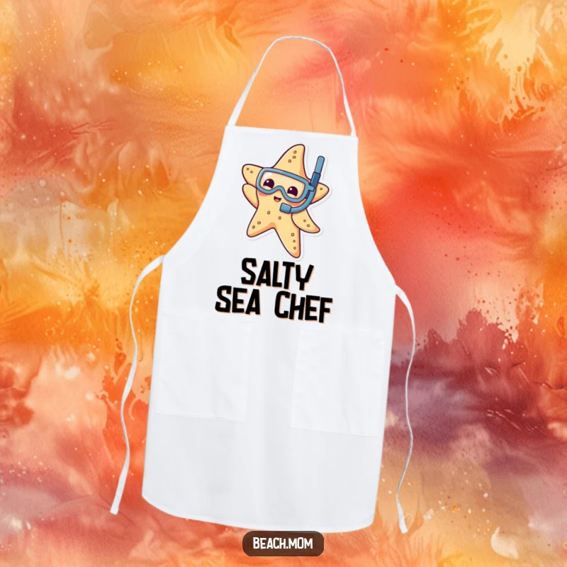 Funny apron with a playful starfish wearing a tiny snorkel, dipping its arm, for cheerful kitchen action.