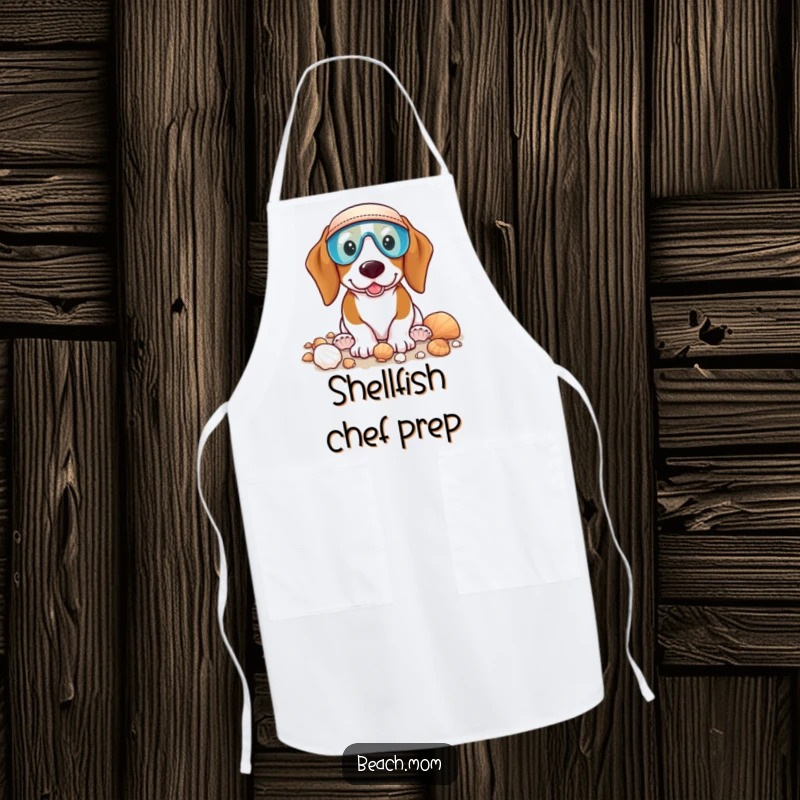 Funny Basset Hound apron showing a dog wearing a visor, happily collecting seashells, bringing coastal charm to the kitchen.