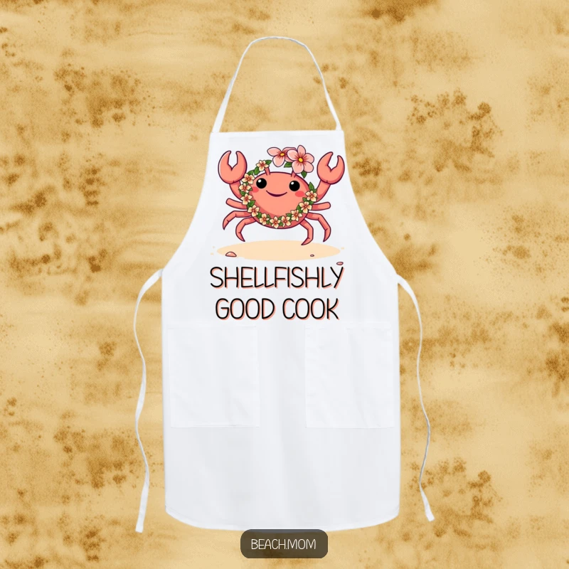 Funny apron depicting a crab wearing a flower lei and dancing on the sand, perfect for adding humor and tropical vibes to cooking.