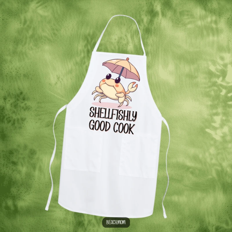 Funny apron featuring a crab scuttling sideways with a tiny umbrella, perfect for kitchen fun.
