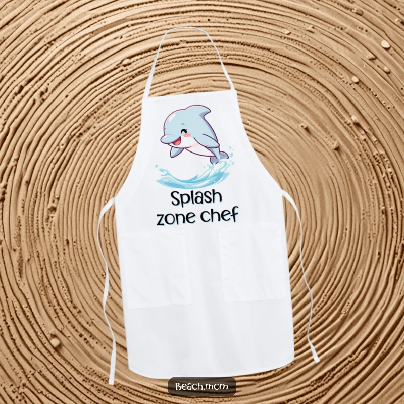 Funny dolphin apron, cartoon character leaping playfully through stylized waves, kitchen protection with style.