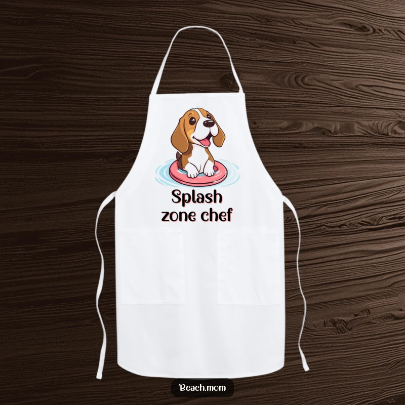 Funny Basset hound apron showing a dog with small floaties excitedly paddling, perfect for a fun-loving chef.