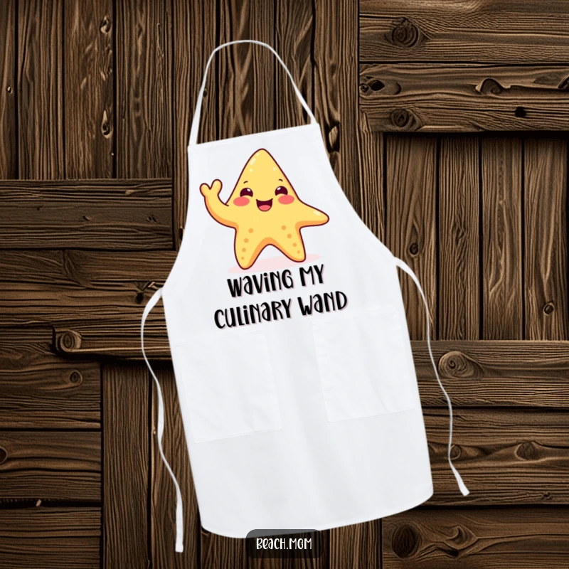Funny happy starfish apron with a waving tentacle, perfect for kitchen use or beach-themed parties, a humorous and practical item.