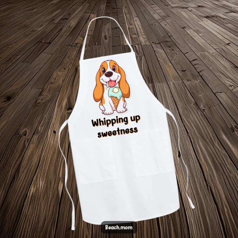 Funny Basset Hound apron showing a dog happily eating a melting ice cream cone, ideal for kitchen fun.