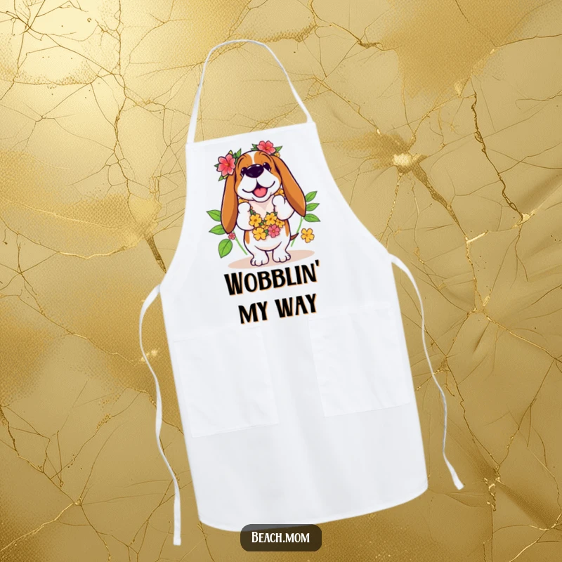 Funny Basset Hound apron showing a dog in a leis, humorously attempting a hula dance while cooking.