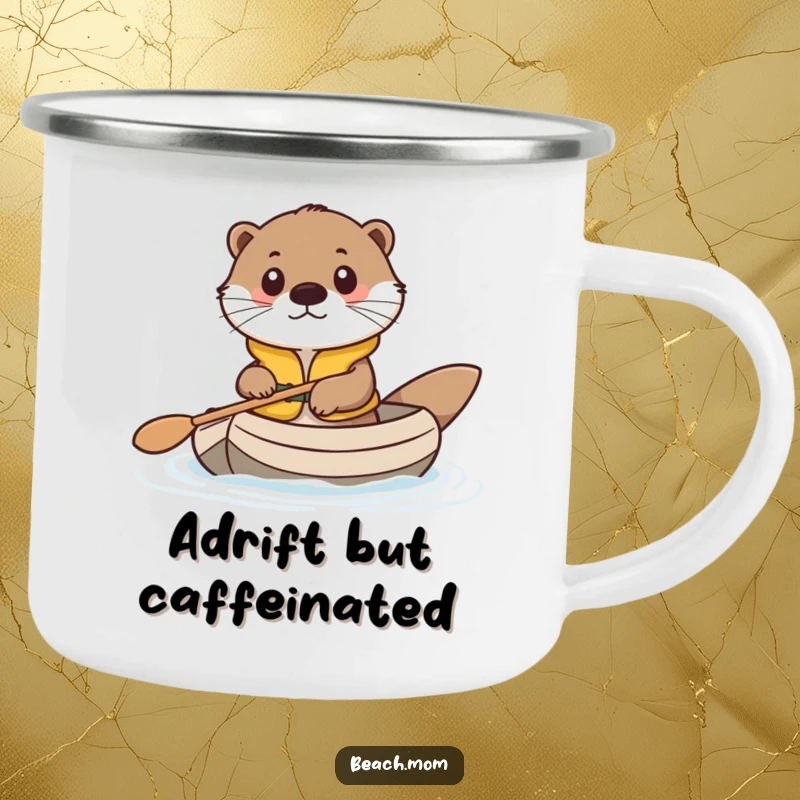 Funny camping mug featuring a cute otter in a life vest, paddling a raft, ideal for outdoor enthusiasts.