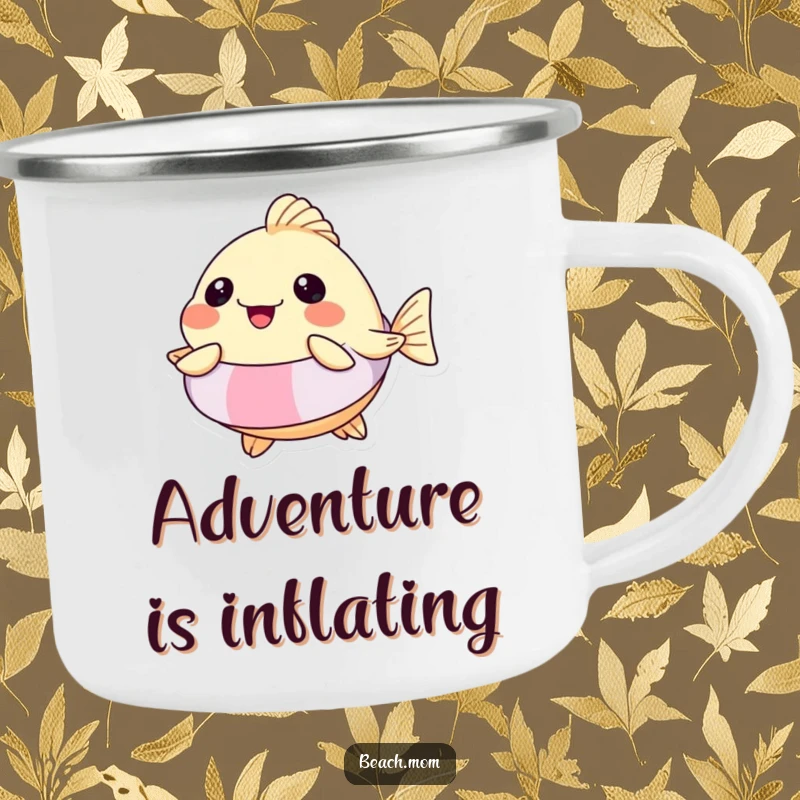 Funny Pufferfish Floatie Camping Mug: Enamel mug featuring a pufferfish in a floatie, hilariously inflated with joy for funny outdoor breaks.