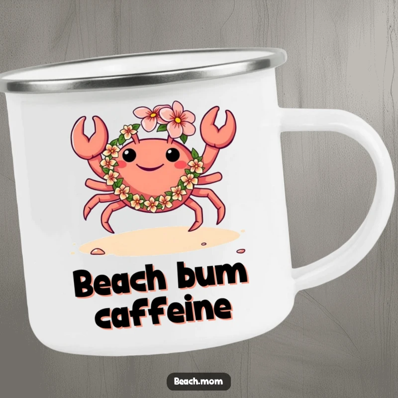 Funny camping mug featuring a crab with a flower lei, dancing on the sand, a humorous and durable accessory for outdoor enjoyment.