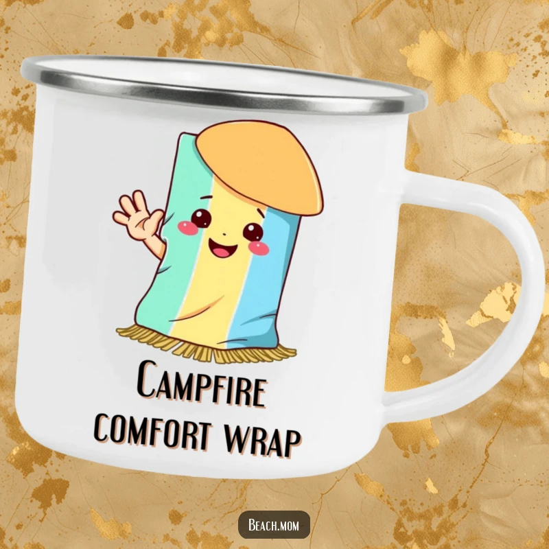 Funny camping mug with a happy beach towel smiling and waving hello, perfect for outdoor sipping.
