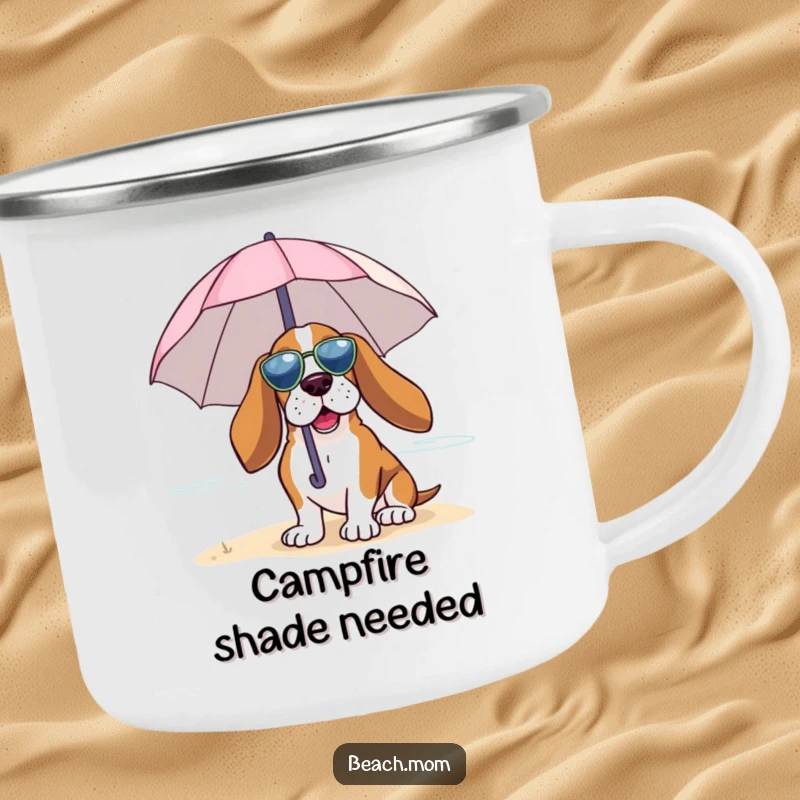Funny Basset Hound camping mug depicting a dog under a tiny umbrella, enjoying the beach breeze, perfect for outdoor drinks.
