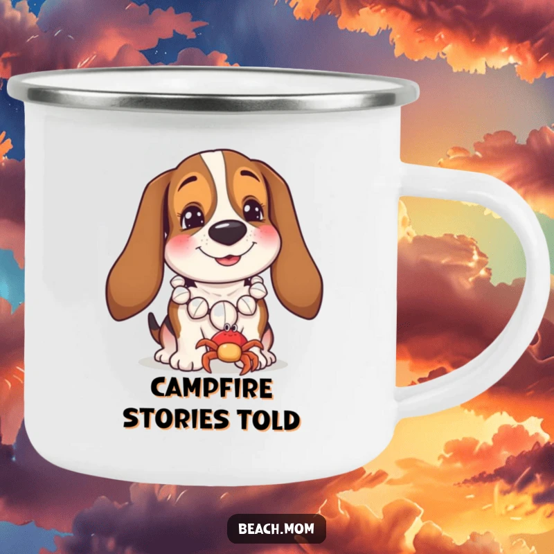 Funny Basset Hound camping mug with a dog in a seashell necklace smiling at a tiny crab, ready for beachside drinks.