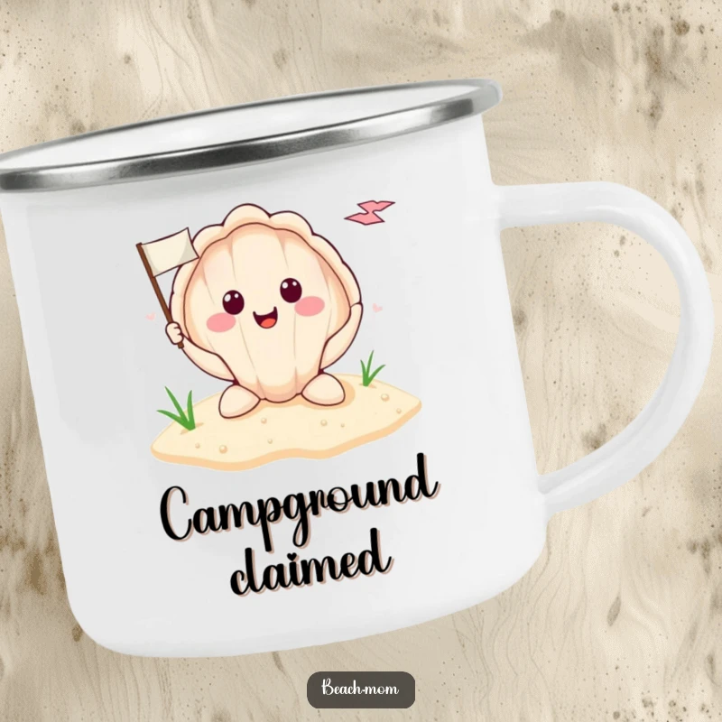 Funny smiling seashell with a tiny flag planted in the sand, shown on a sturdy camping mug, perfect for beach-themed outdoor sipping.