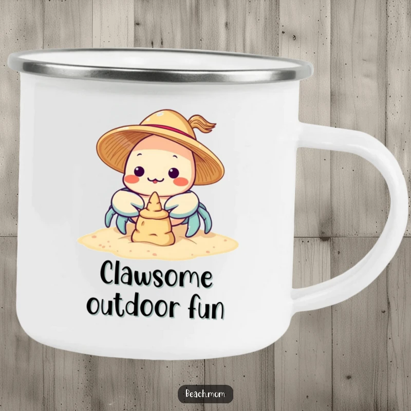 Funny Kawaii Crab Camping Mug: a cute crab in a sun hat building a sandcastle, tough enough for the outdoors.