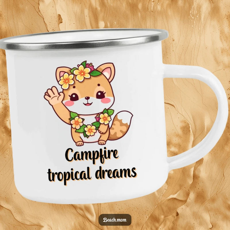 Funny camping mug: An animal character wearing a flower lei waves a friendly hello, ideal for enjoying nature.