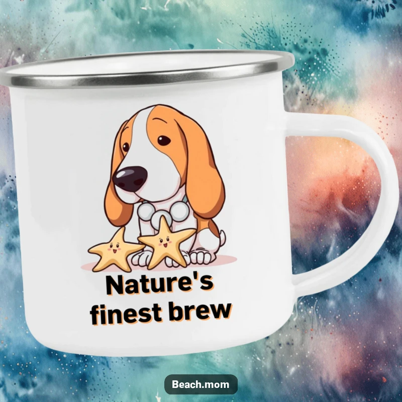 Funny Basset Hound camping mug with a dog wearing a seashell necklace curiously inspecting a starfish, perfect for curious outdoor sipping.