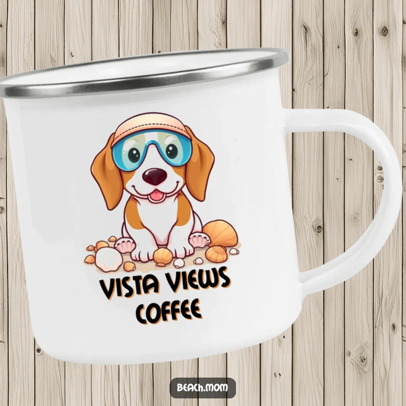 Funny Basset Hound camping mug with a dog wearing a visor, happily collecting seashells, ready for beachside drinks.