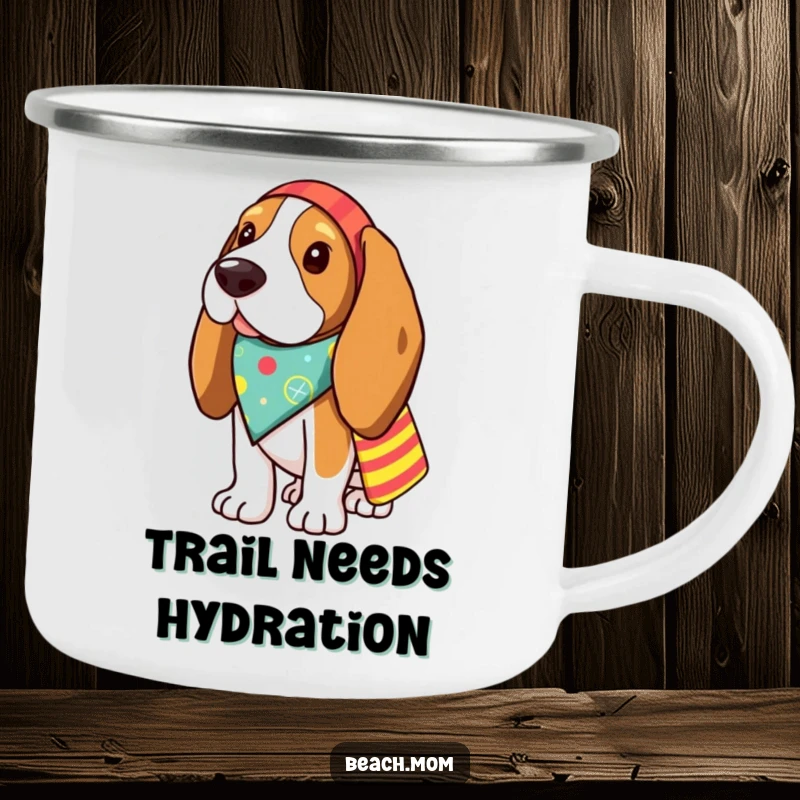 Funny Basset Hound camping mug showing a dog with a bandana and beach bag, ready for outdoor fun.
