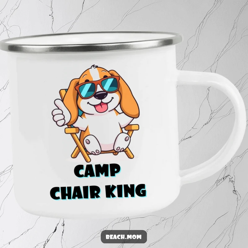 Funny Basset Hound camping mug featuring a dog in sunglasses giving a thumbs up from a beach chair, perfect for cool outdoor sipping.