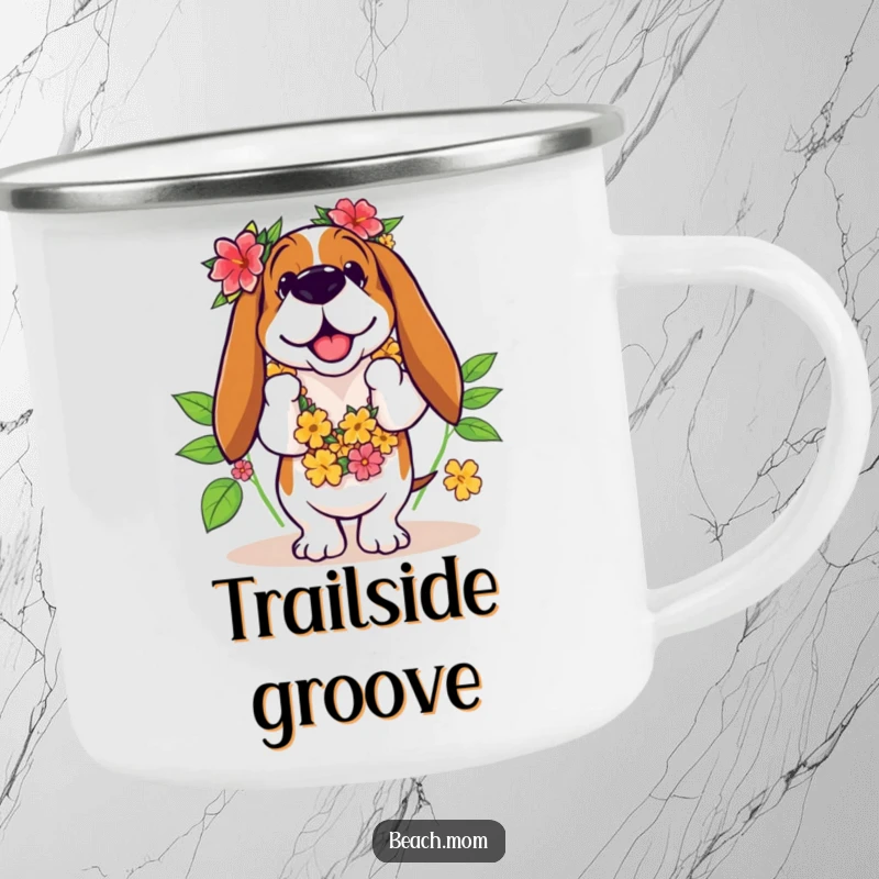 Funny Basset Hound camping mug featuring a dog in a leis, comically attempting a hula dance under the stars.